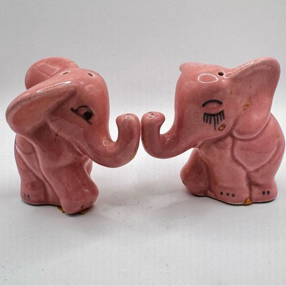 Vtg 1950’s Japan Pottery PINK ELEPHANT Trunk Up Good Luck Salt & Pepper Shakers - Picture 2 of 7